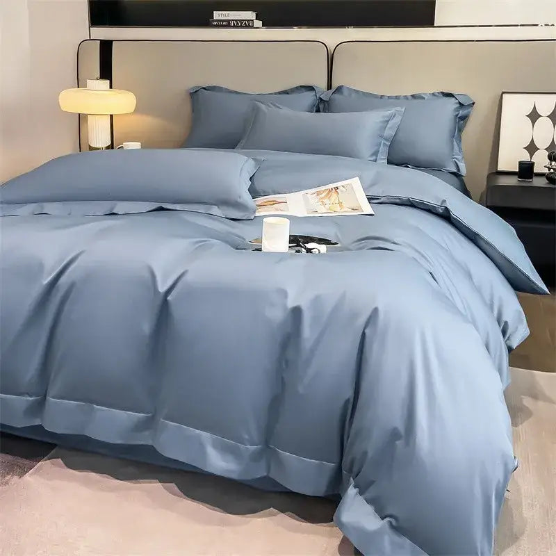 Decorbites™ luxurious egyptian cotton bedding set 1000tc with soft light blue satin duvet cover and matching fitted sheet