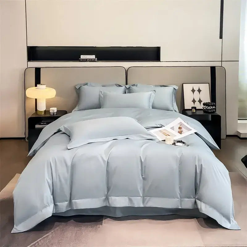 Light blue satin-like DecorBites™ luxurious Egyptian cotton bedding set 1000TC with ultra soft duvet cover and fitted sheet