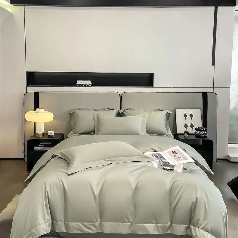 DecorBites™ luxurious sage green satin duvet cover and fitted sheet made from ultra soft 1000TC Egyptian cotton