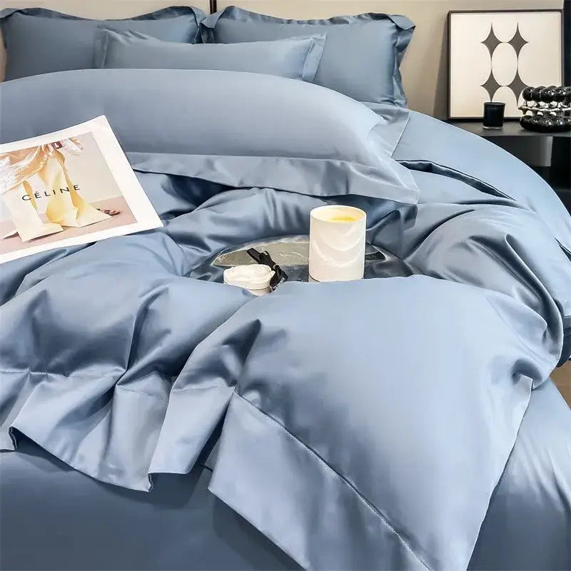 Decorbites™ luxurious egyptian cotton bedding set 1000tc light blue satin duvet cover and fitted sheet with glossy finish