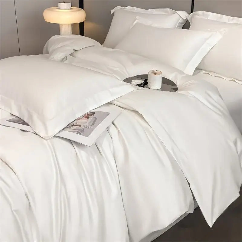 White satin duvet cover set with matching pillowcases featuring smooth texture and elegant folds from DecorBites™ 1000TC