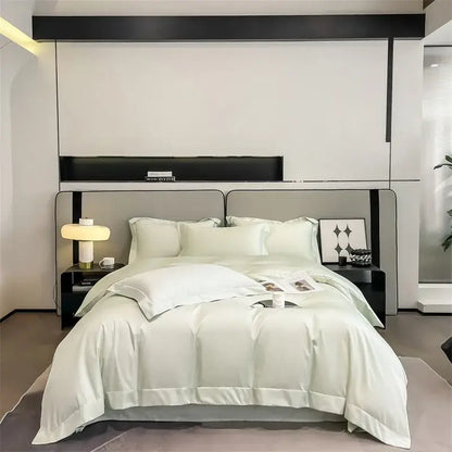 Decorbites™ luxurious egyptian cotton duvet cover set in white satin with smooth glossy finish and elegant stitched detailing