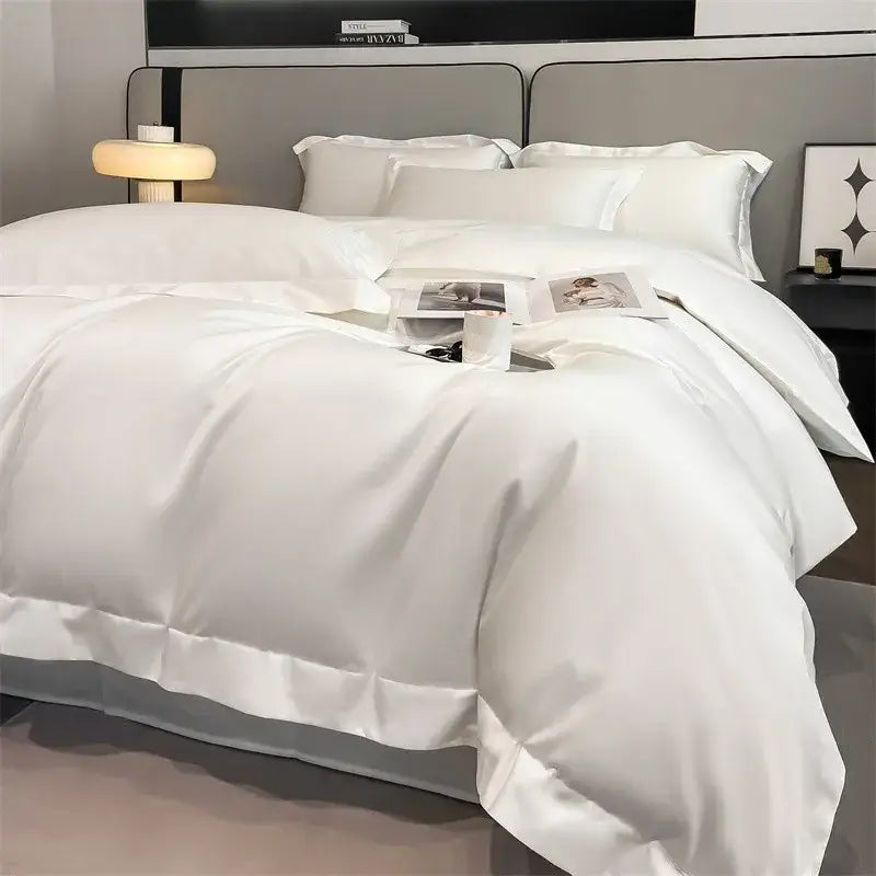 White satin duvet cover with smooth glossy finish and neatly stitched edges from decorbites™ 1000tc cotton bedding set