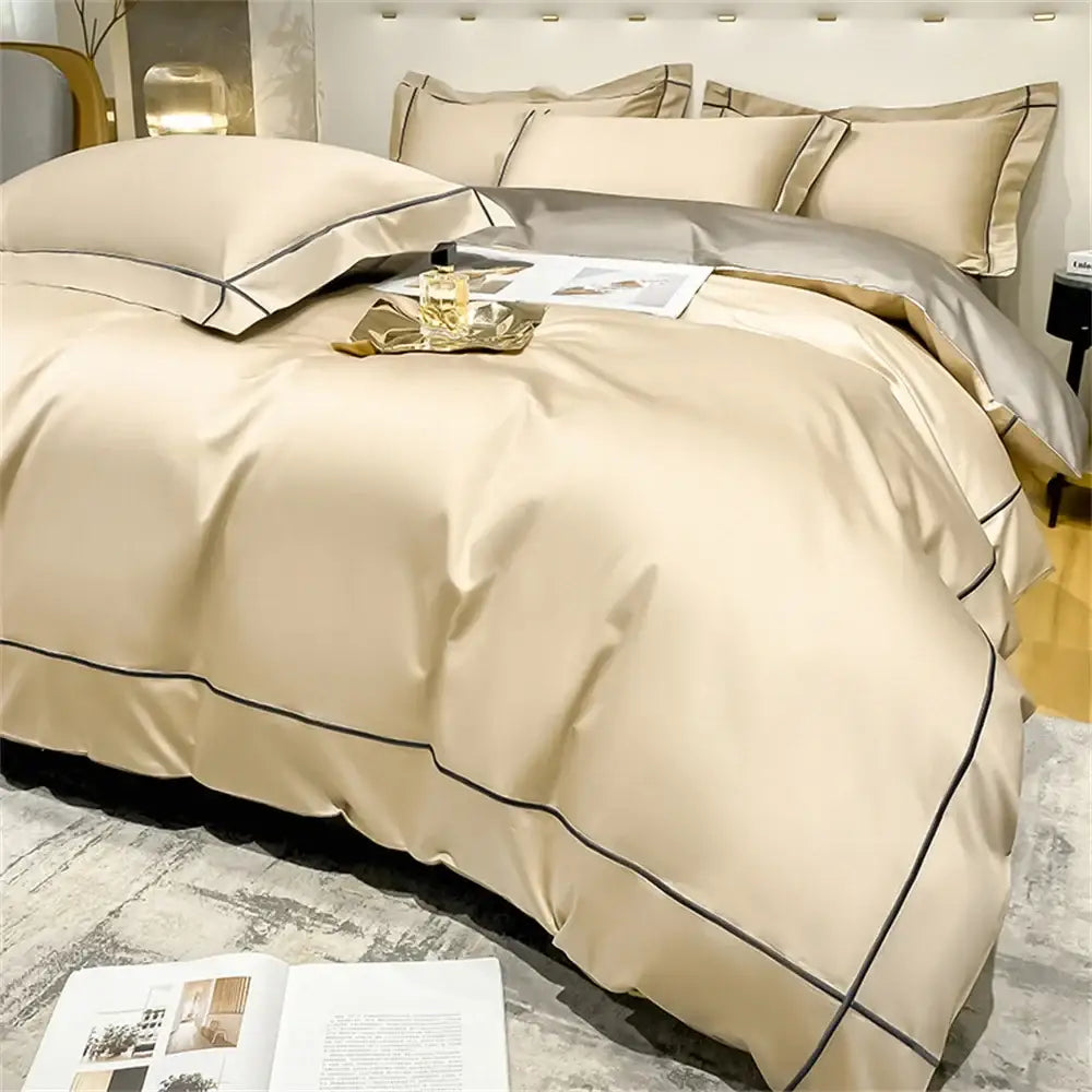 Beige satin duvet cover bedding set with black piping detail made from luxurious egyptian cotton by decorbites