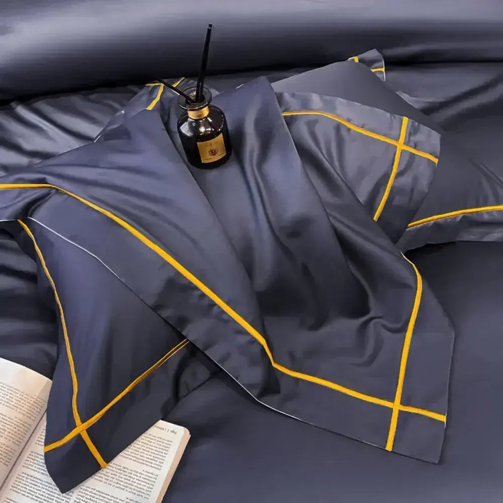 Dark blue satin pillowcase with bold yellow geometric stitching from decorbites™ luxurious egyptian cotton bedding set