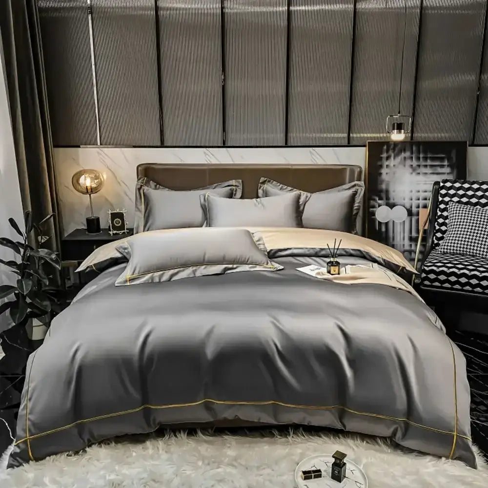 Gray satin egyptian cotton duvet cover bedding set with gold trim from DecorBites luxurious embroidered collection