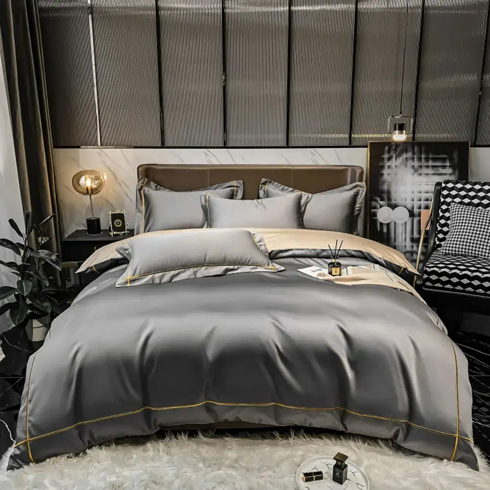 Gray satin egyptian cotton duvet cover with gold piping from decorbites luxurious embroidered bedding set