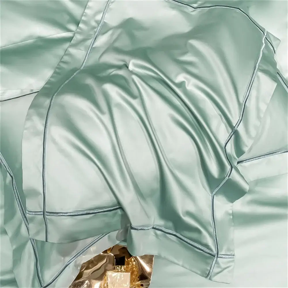 DecorBites™ luxurious egyptian cotton bedding set with mint green satin duvet cover and subtle gray stitching edges