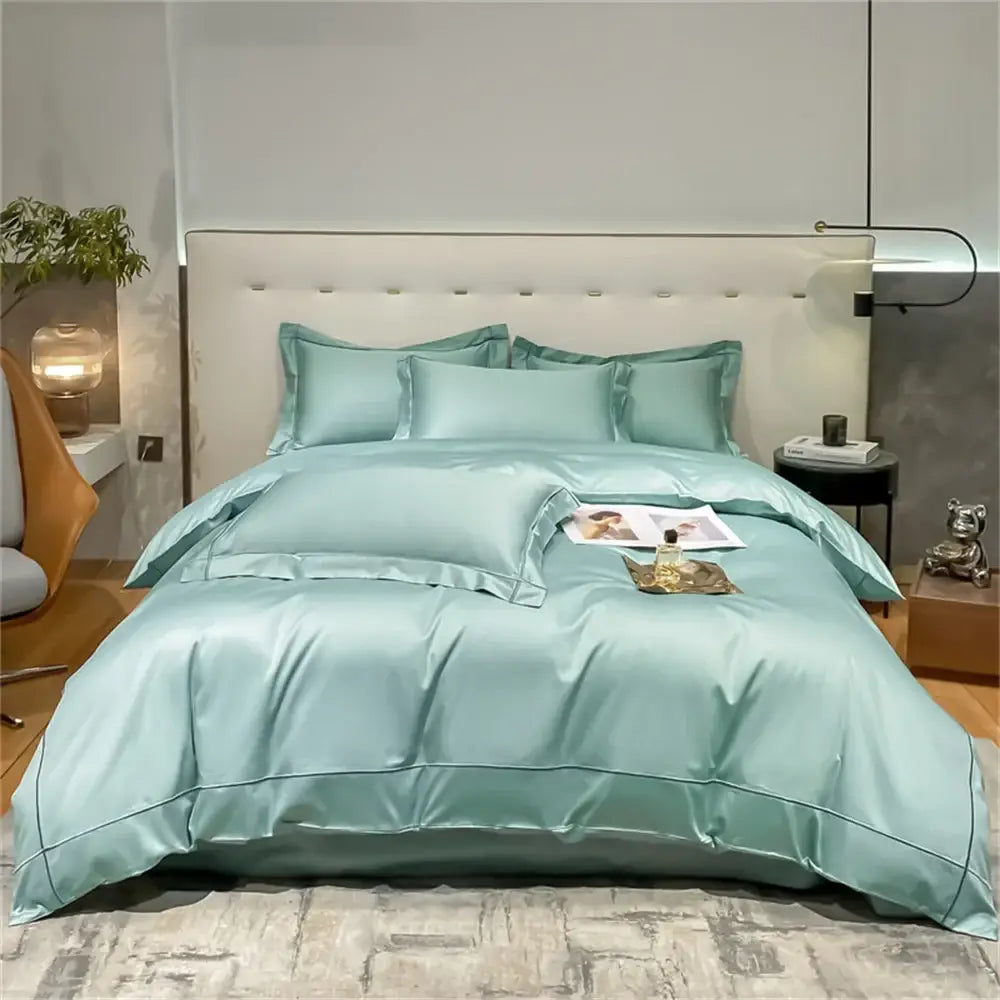 Decorbites luxurious mint green egyptian cotton bedding set with satin duvet cover and pillow sham with decorative piping