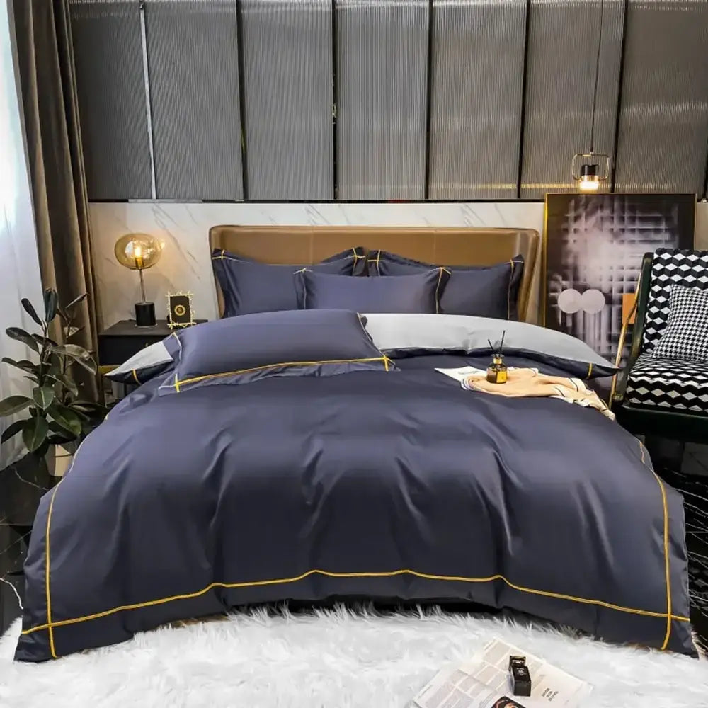 Decorbites™ luxurious egyptian cotton navy blue satin duvet cover bedding set with gold piping embroidery