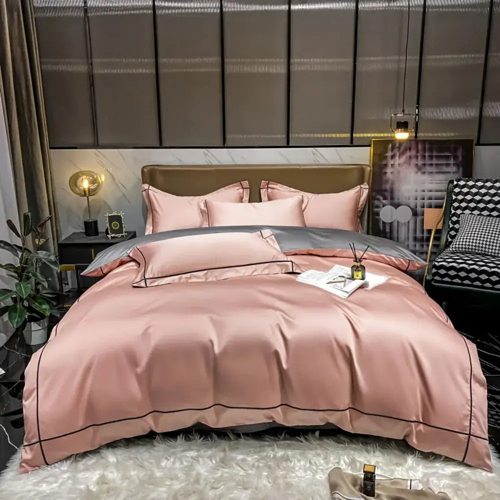 Pink satin egyptian cotton duvet cover bedding set with black piping detail by decorbites luxurious embroidery