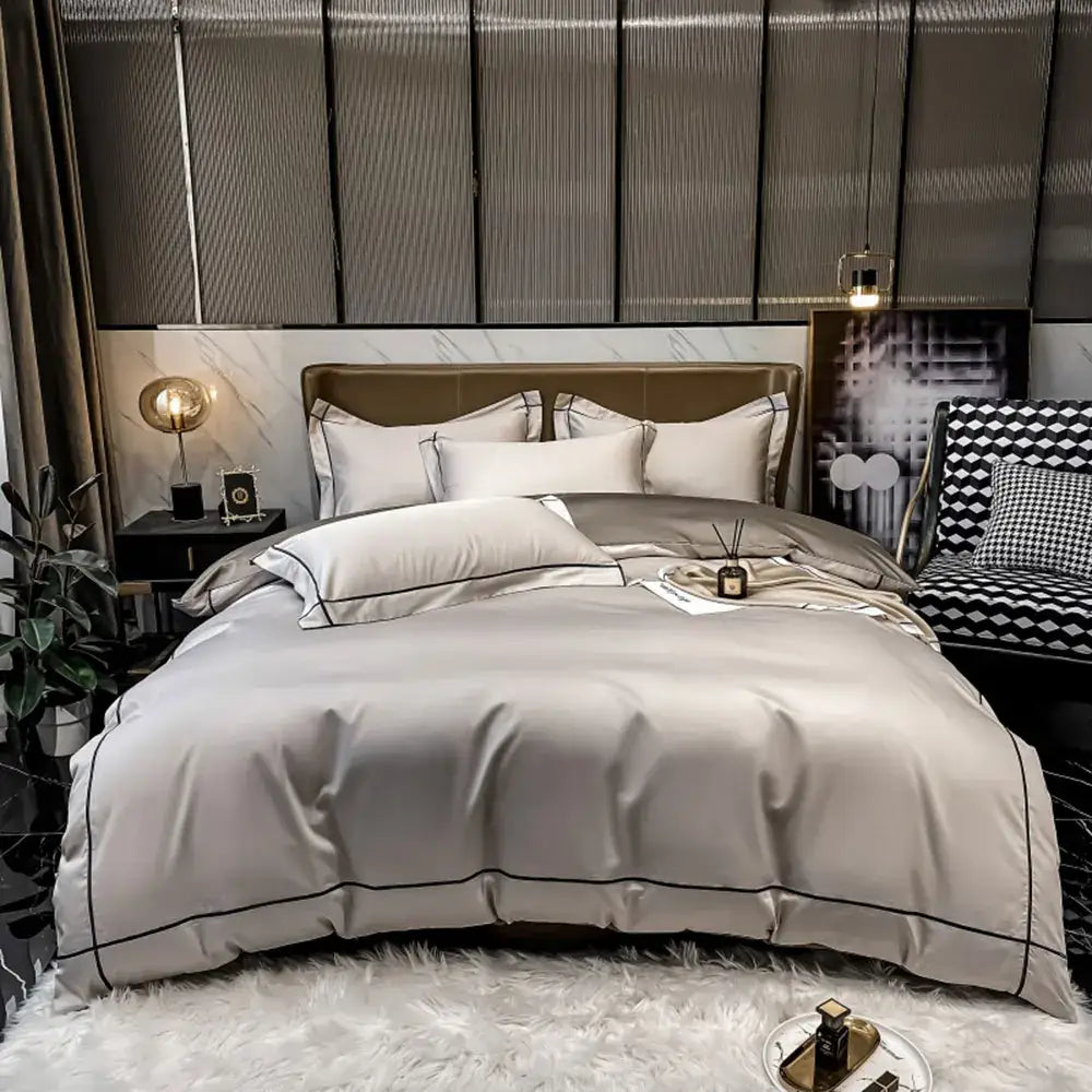 DecorBites™ luxurious silver-gray satin egyptian cotton duvet cover bedding set with black piping and plush texture