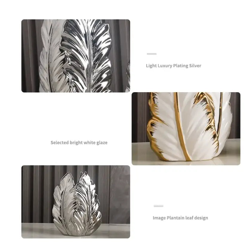 Elegant white ceramic vase with glossy finish and silver gold plating featuring plantain leaf design for home decor