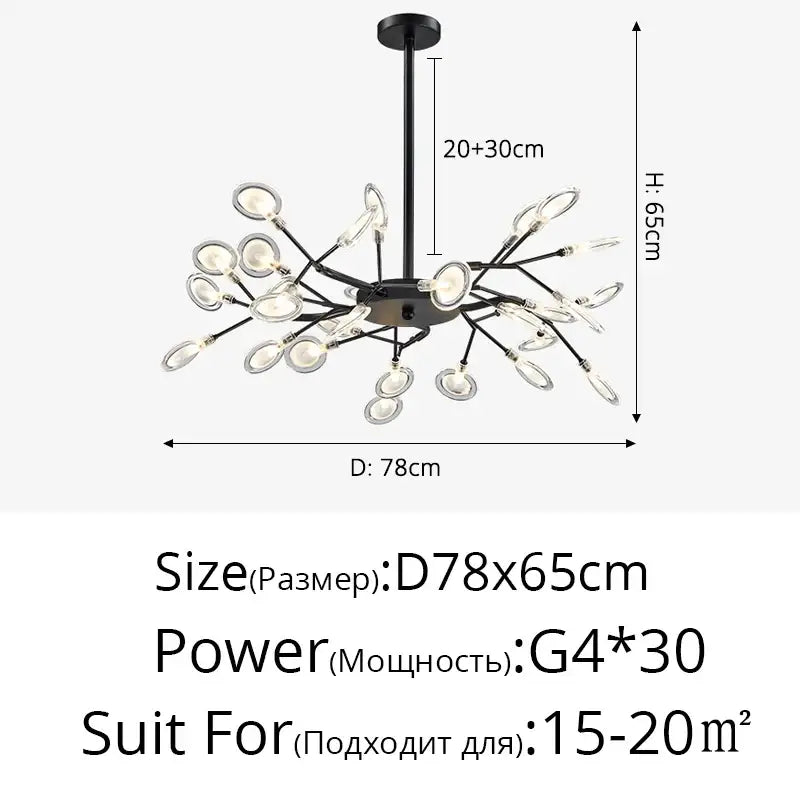 DecorBites™ luxurious golden led chandelier with 30 clear glass globes in a black metal branching tree design