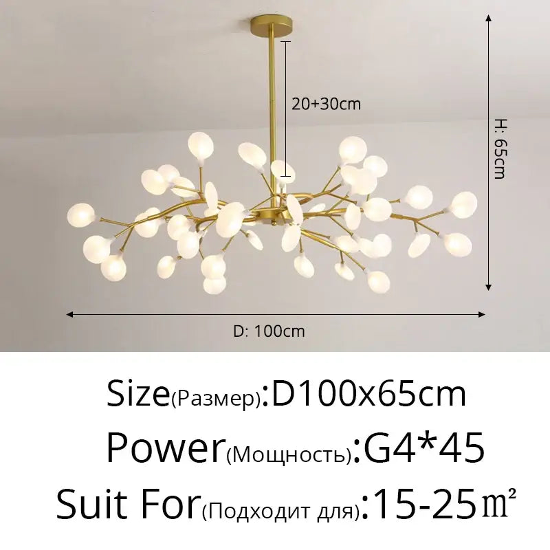 Gold-toned modern luxurious golden led chandelier with branching arms and frosted glass globe lights for home decor