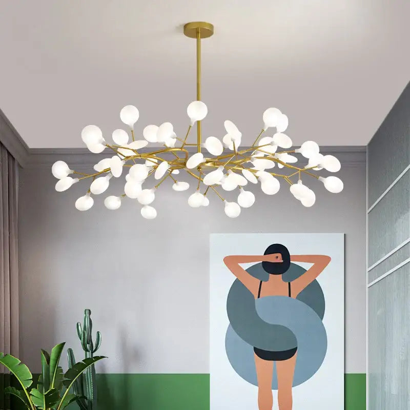 DecorBites™ luxurious golden led chandelier with gold-toned branch arms and frosted glass globes for home lighting