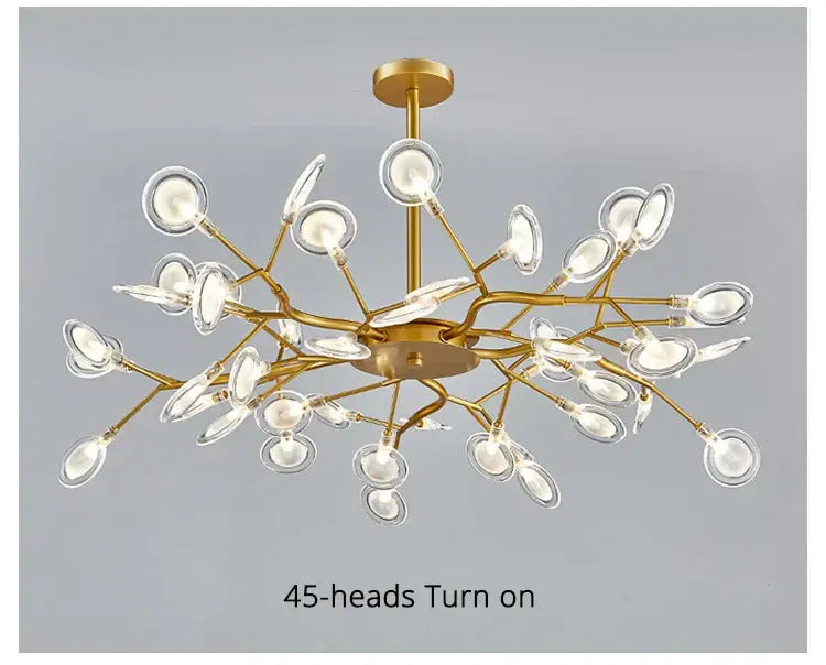 DecorBites™ luxurious golden led chandelier with 45 clear glass leaf fixtures in a tree-like branching design