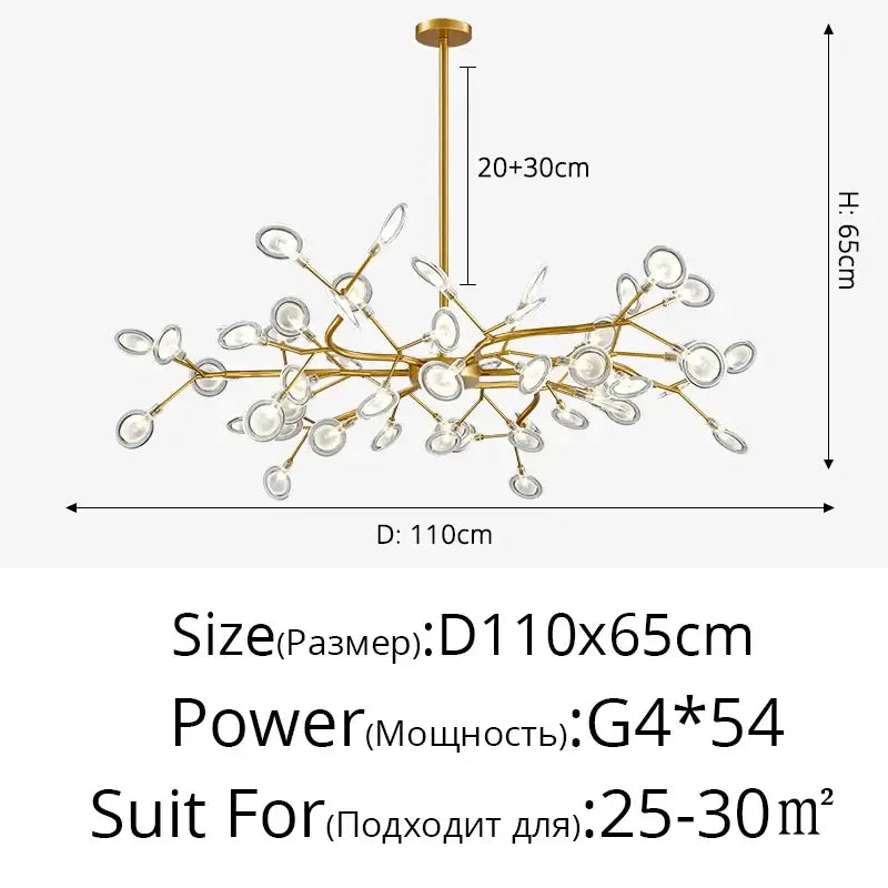 Decorbites luxurious golden led chandelier featuring a gold-toned branch design with clear glass globe bulbs