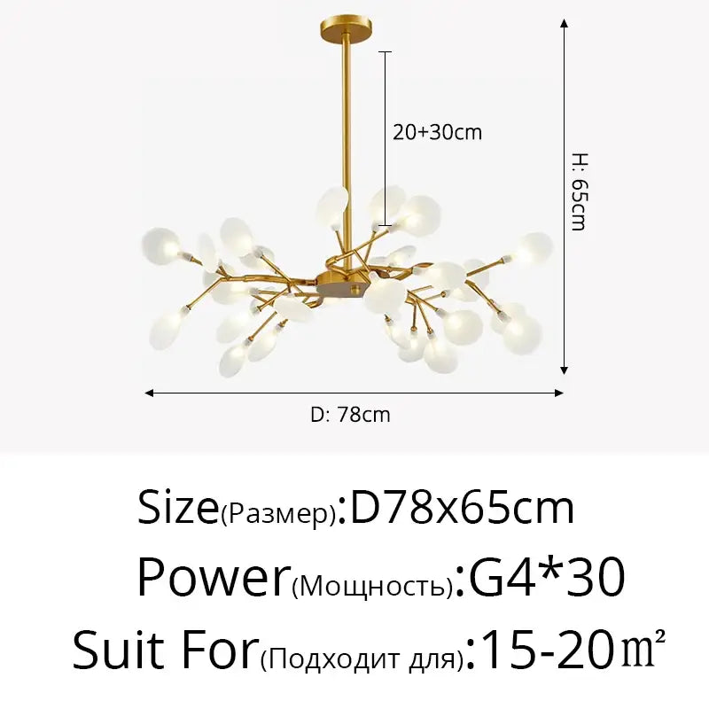 Decorbites™ luxurious golden led chandelier with gold-toned branch-like arms and frosted glass globe shades for home use