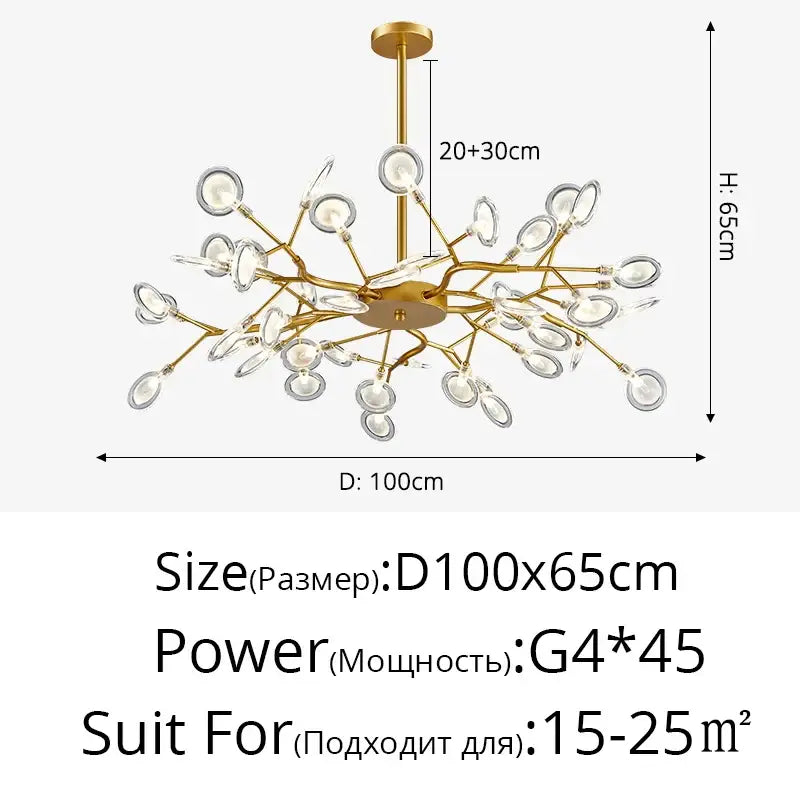 Decorbites™ luxurious golden led chandelier with gold-toned branching arms and clear teardrop glass shades for home