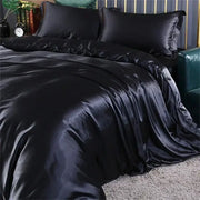 Decorbites luxurious mulberry silk black satin duvet cover bedding set with ruffled edges for king or queen size