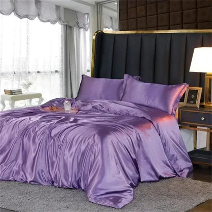 Lustrous purple satin decorbites mulberry silk bedding set with duvet cover and matching pillows in king and queen sizes