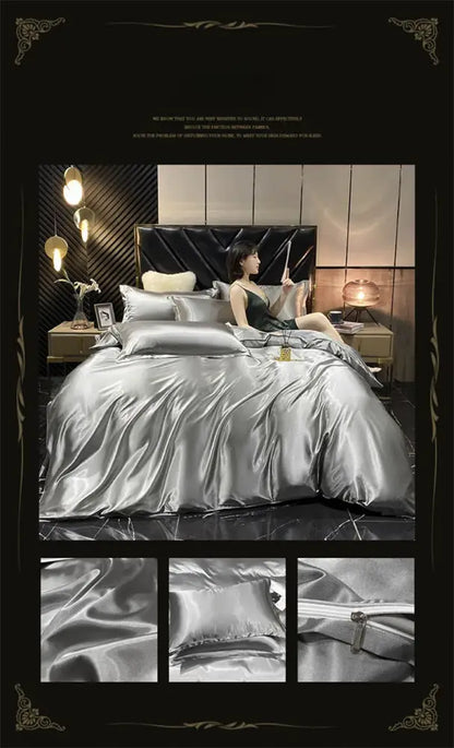 Shiny silver satin four-piece DecorBites Luxurious Mulberry silk bedding set with duvet cover fitted sheet and pillowcases