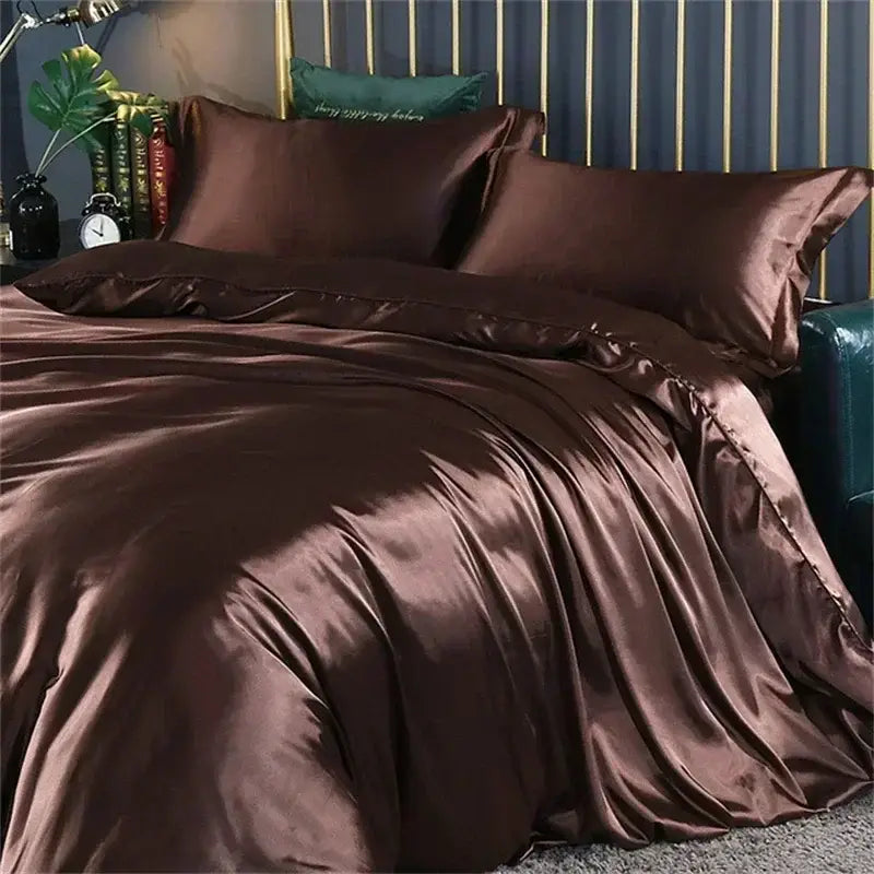 DecorBites™ luxurious mulberry silk bedding set in rich chocolate brown with a glossy satin duvet cover finish