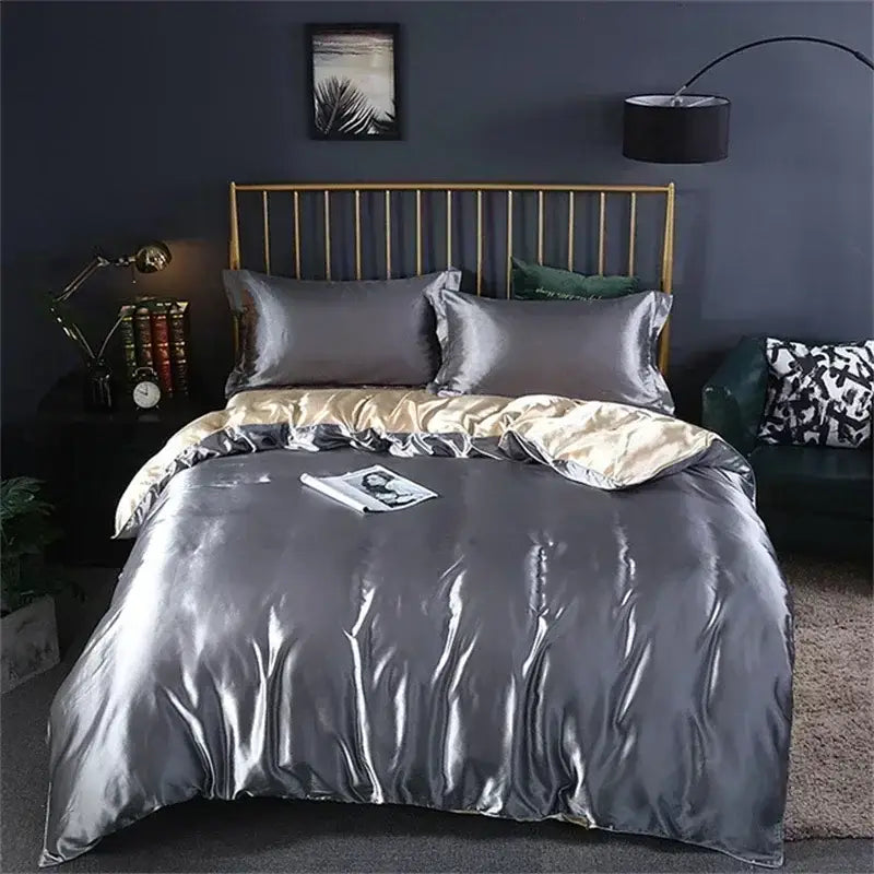 DecorBites™ luxurious mulberry silk bedding set with shiny silver satin duvet cover and gold inner lining for queen king size