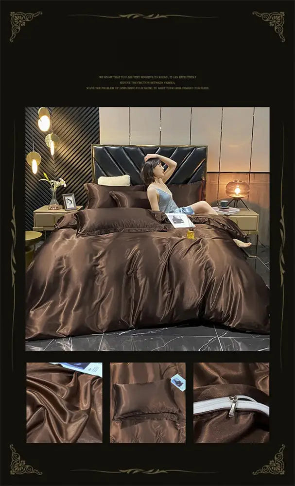 Decorbites™ luxurious mulberry silk bedding set in rich chocolate brown with a glossy satin finish duvet cover