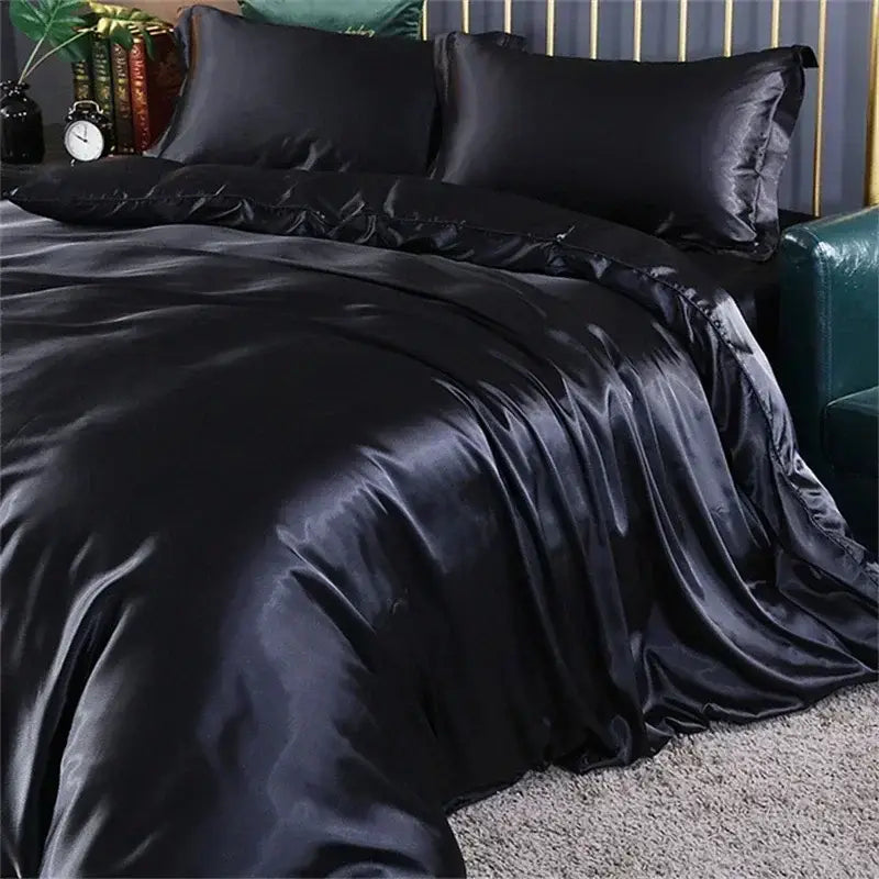 Decorbites™ luxurious mulberry silk black satin duvet cover bedding set with smooth glossy finish and elegant ruffled edges