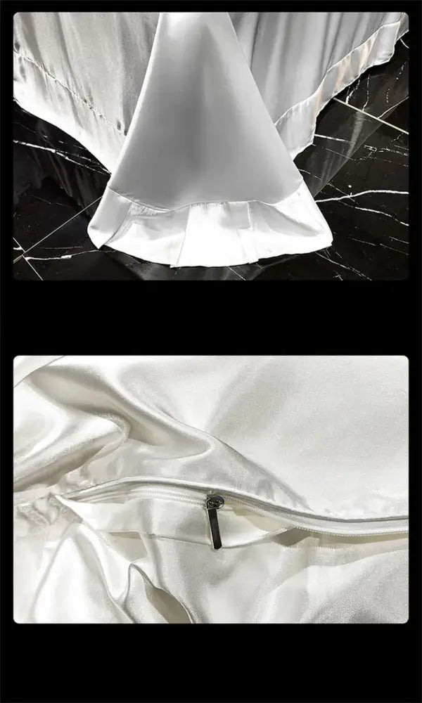 White satin pillowcase with ruffled edge and zipper closure from decorbites™ luxurious mulberry silk bedding set