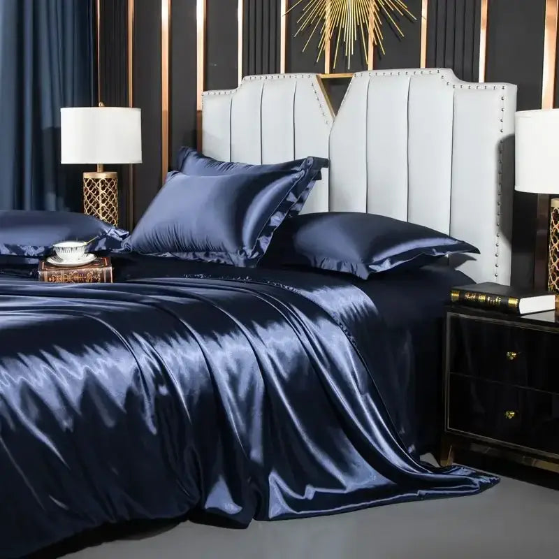 Deep navy satin pcs duvet cover from decorbites™ luxurious nordic silk bedding set with a glossy finish