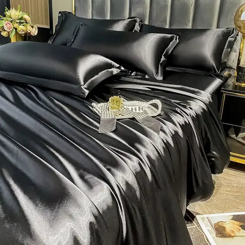 Decorbites™ luxurious nordic silk black satin duvet cover set with glossy smooth texture for width bed use