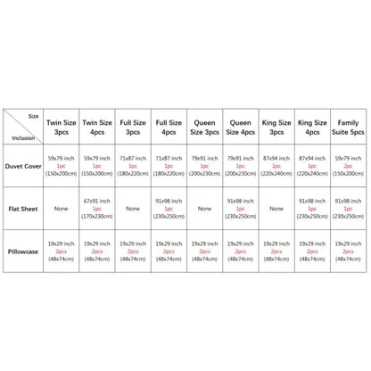 Detailed size chart for decorbites luxurious nordic silk bedding set showing pcs duvet cover dimensions and width bed options