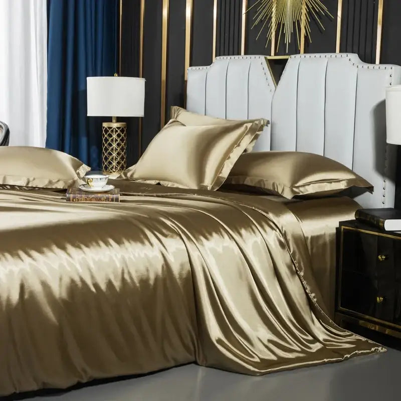 Glossy gold satin duvet cover set from decorbites™ luxurious nordic silk bedding set with matching pillows for width bed