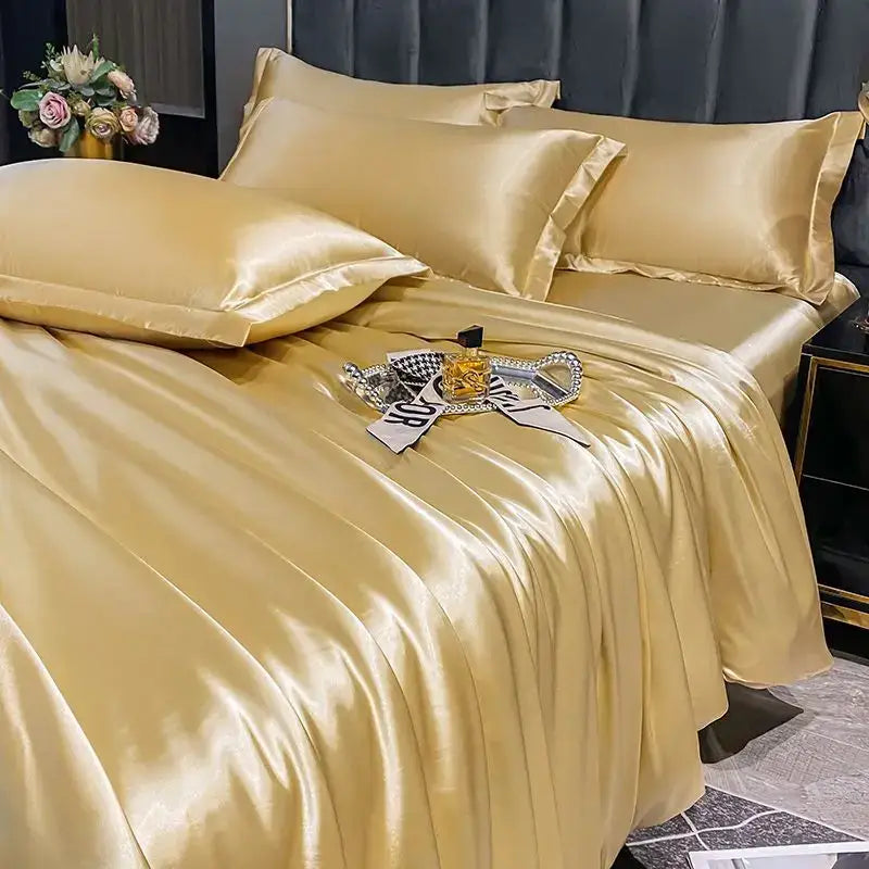 Golden satin decorbites™ luxurious nordic silk 2 pcs duvet cover set with matching pillows and a glossy finish