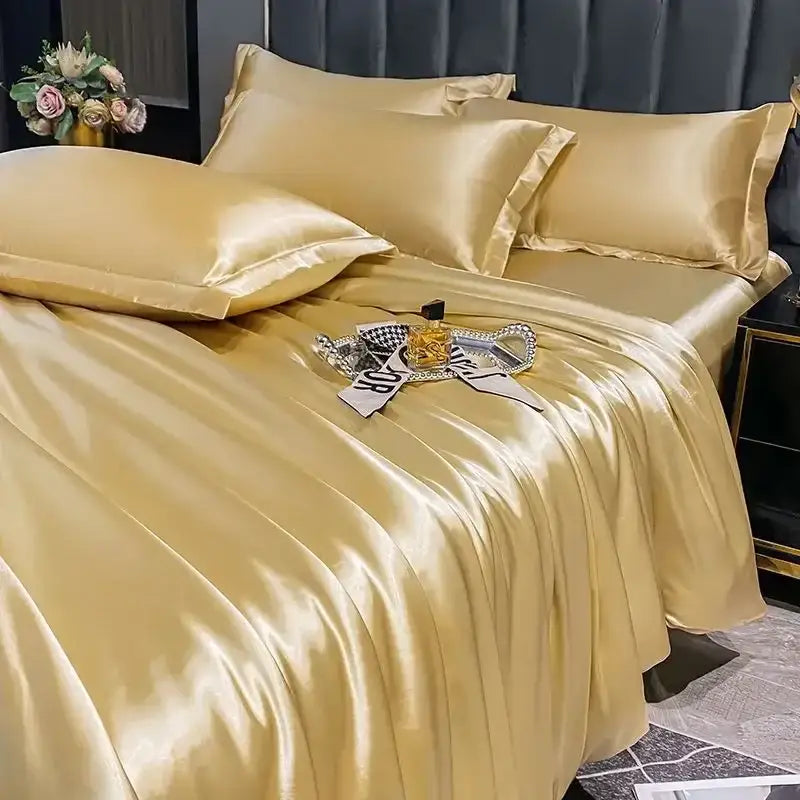 Golden satin duvet cover set with matching pillows from decorbites™ luxurious nordic silk bedding set for couples