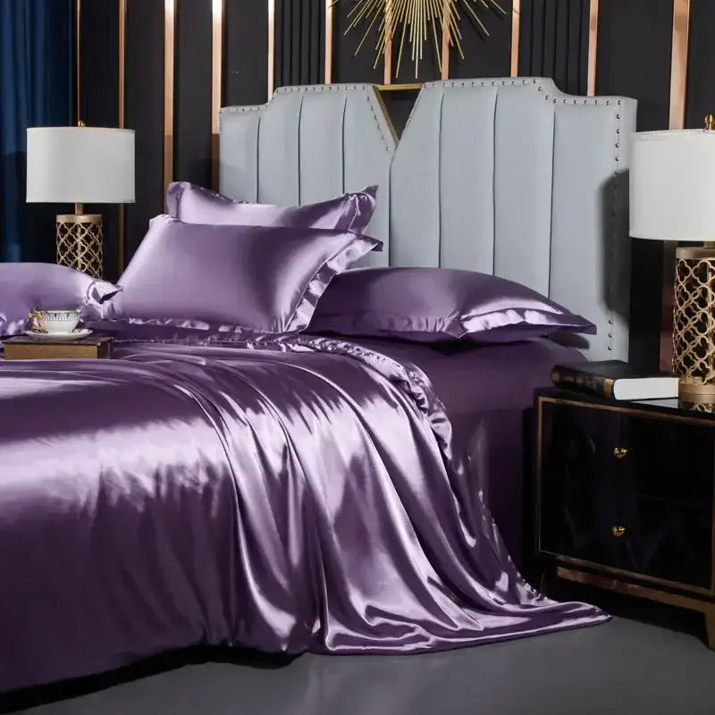 DecorBites™ luxurious nordic silk duvet cover set in lustrous purple satin with ruffled edges for width bed couples