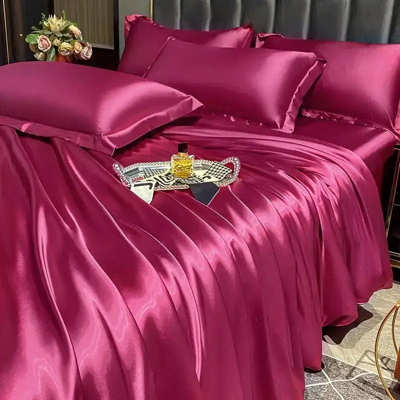 Rich burgundy satin duvet cover set with matching pillows from decorbites™ luxurious nordic silk bedding set for couples