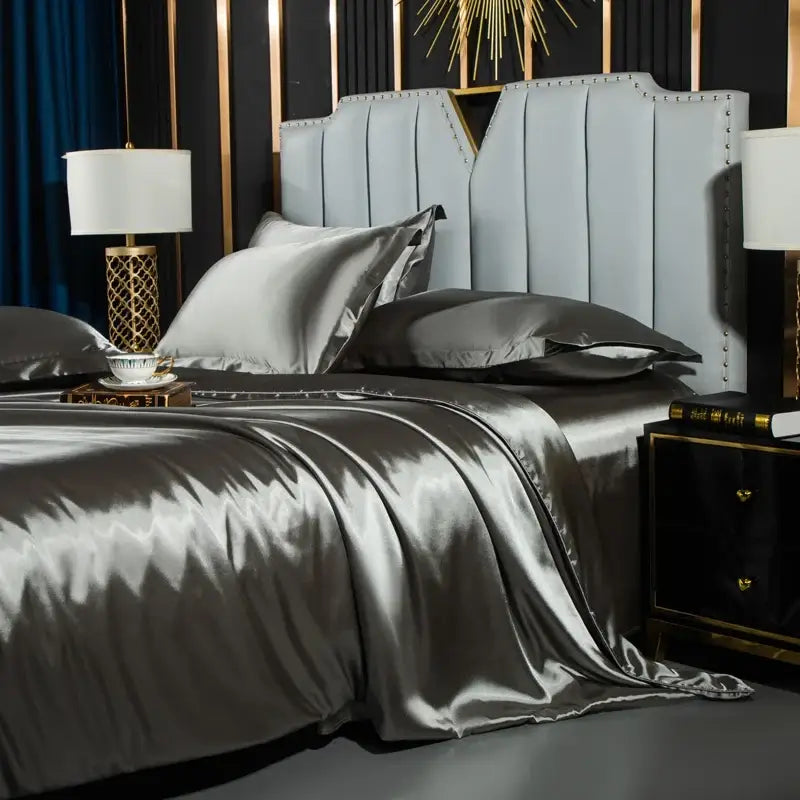 Silver satin duvet cover from DecorBites™ luxurious nordic silk bedding set with smooth glossy finish and pleated design