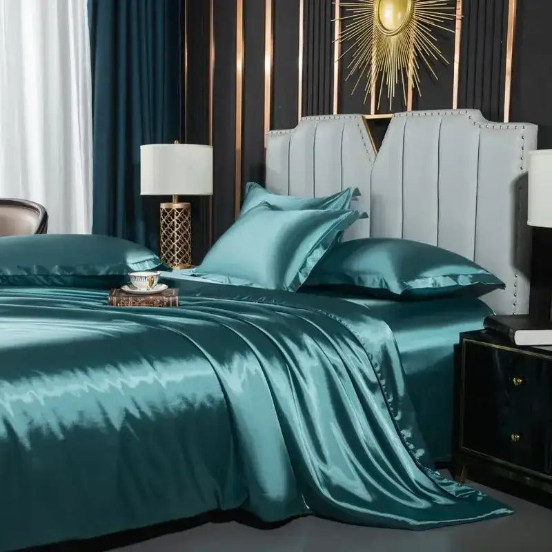 Teal satin duvet cover with glossy finish and matching pillows in decorbites luxurious nordic silk bedding set for couples