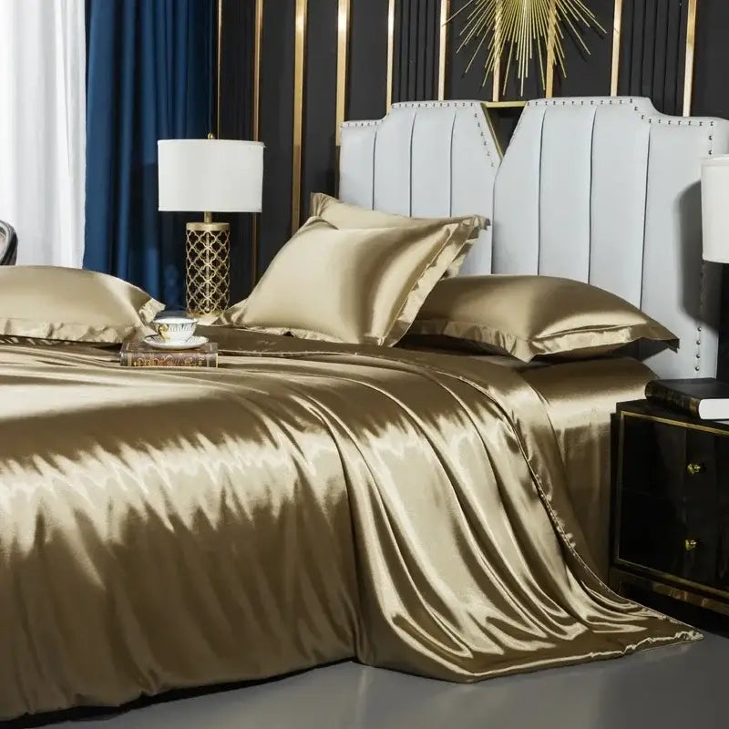 Glossy gold satin duvet cover set from DecorBites™ luxurious Nordic silk bedding draped over wide bed with pcs duvet cover