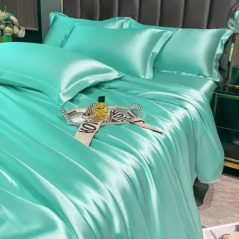 Decorbites™ luxurious nordic silk duvet cover set in luxe mint green satin with smooth finish and matching pcs duvet cover