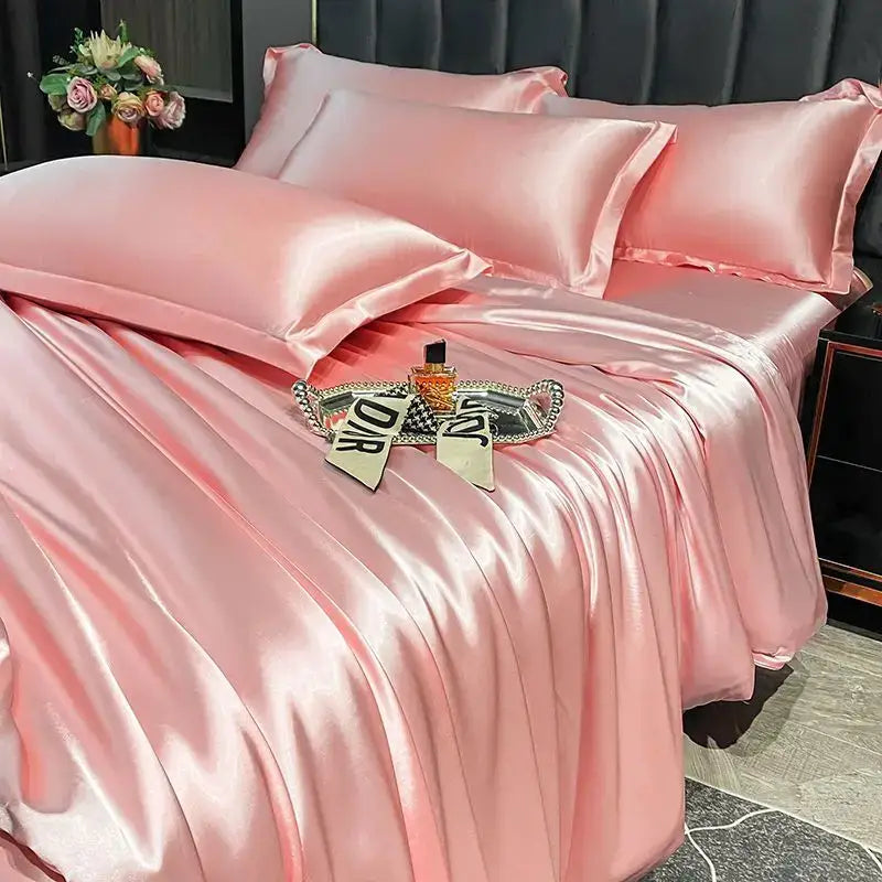 Pink satin decorbites™ luxurious nordic silk 3 pcs duvet cover set with matching pillows and smooth glossy texture