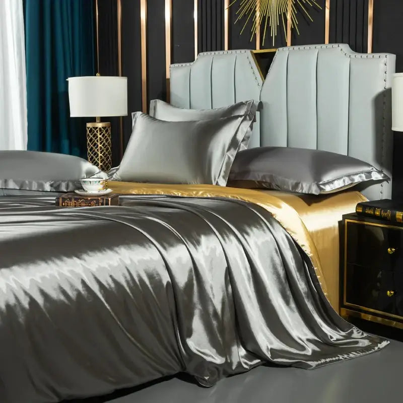 Silver satin duvet cover set by decorbites featuring luxurious sheen and elegant folds for width bed use