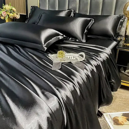 Decorbites™ luxurious nordic silk bedding set black satin duvet cover with glossy smooth texture for width bed