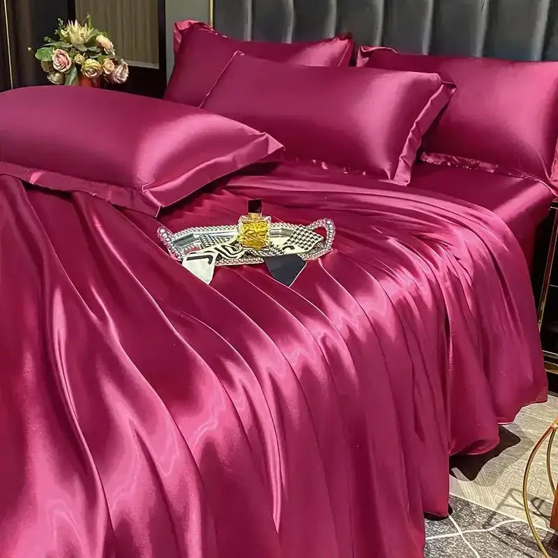 Decorbites™ luxurious nordic silk duvet cover in rich burgundy satin with glossy smooth texture for width bed use
