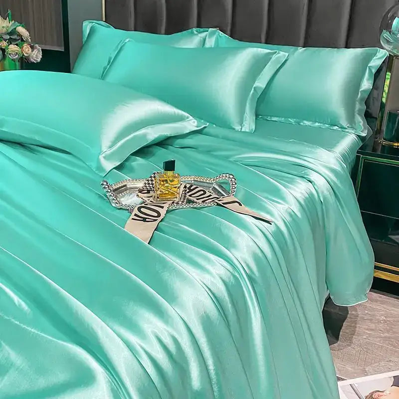 Turquoise satin decorbites™ luxurious nordic silk duvet cover set with glossy smooth texture and matching pillowcases