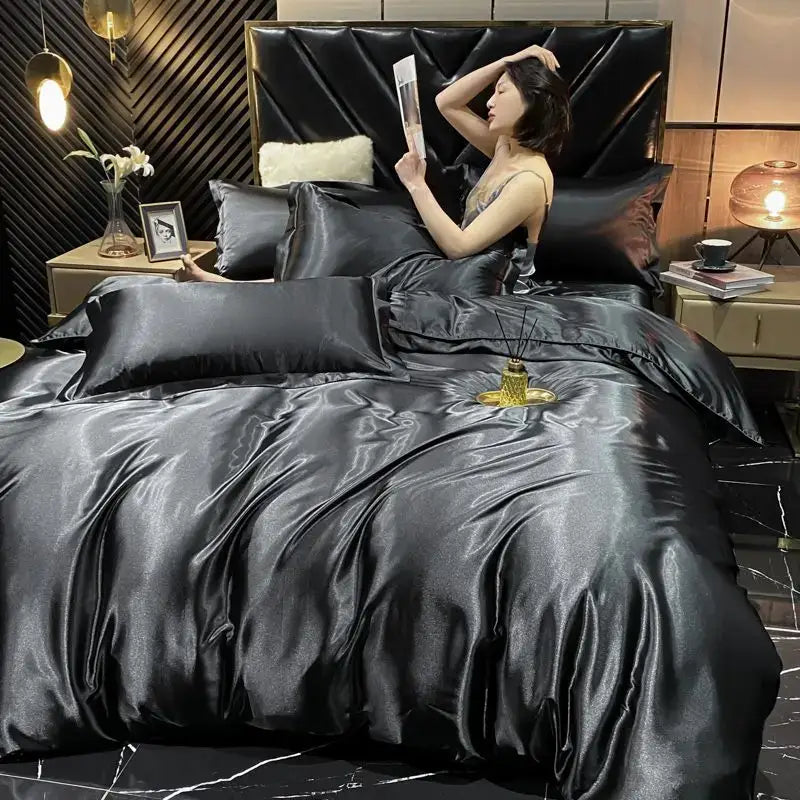 Black satin duvet cover from decorbites™ luxurious rayon silk bedding set with glossy finish for king size width bed